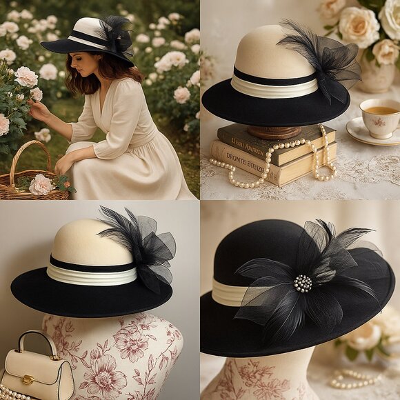 Vintage Mr. Charles Chapeau — Elegant Wide-Brim Hat with Feather & Netting - Picture 1 of 11